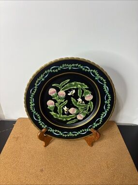 Black Floral Decorative Plate Pink Thistle Green Wreath Hand Painted 10” Cottage